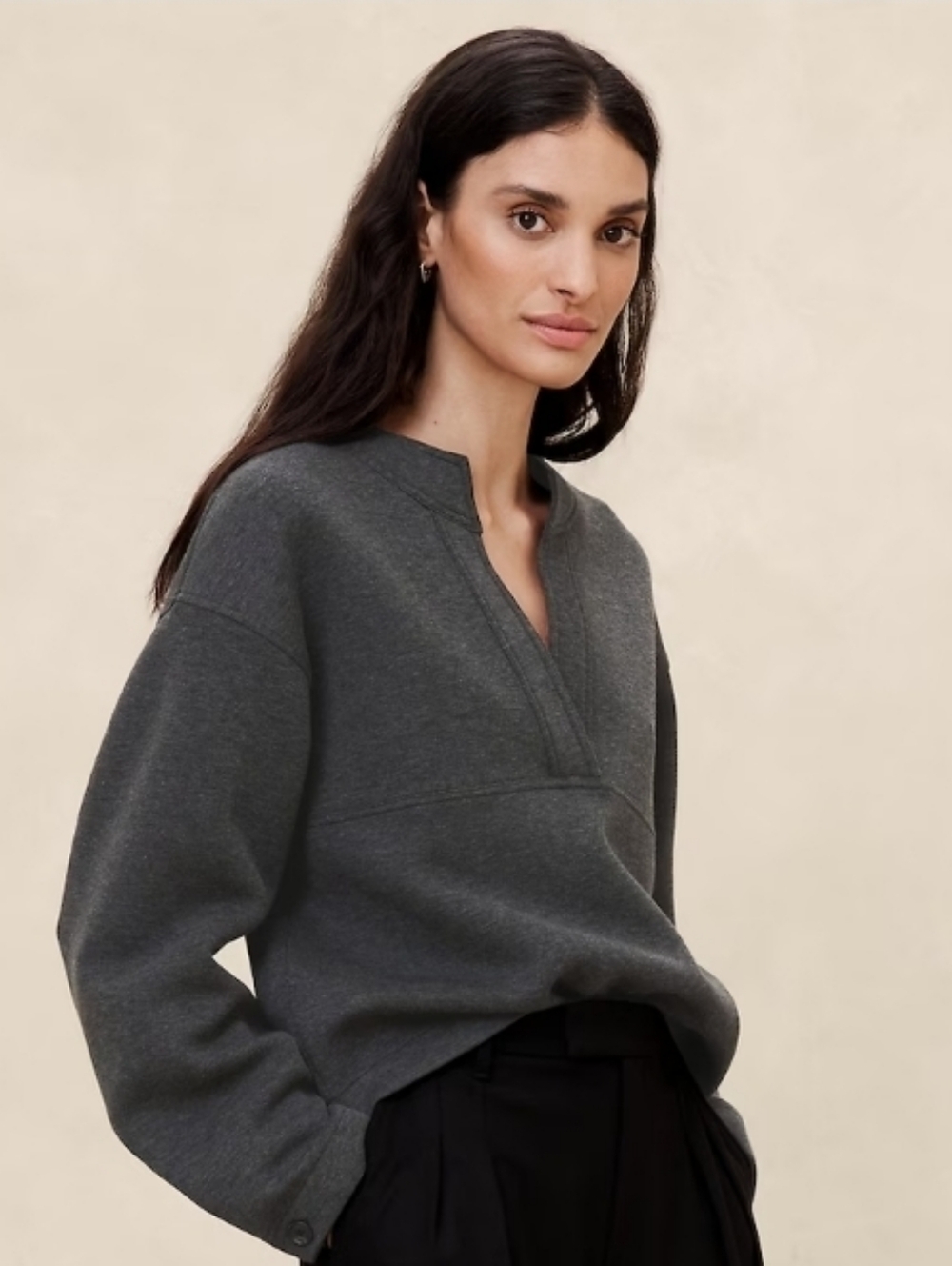 Banana Republic Heather Charcoal  Scuba V-Neck Sweatshirt